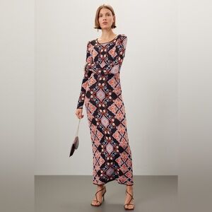Long Sleeve Printed Maxi Dress in Black and Coral